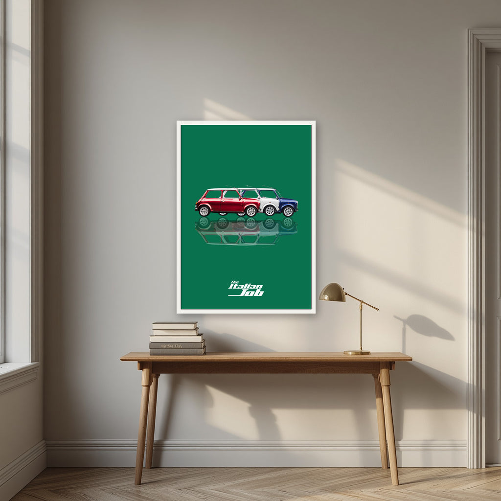 The Italian Job – Alpine Green art print, in a white frame, styled in a desk