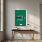 The Italian Job – Alpine Green art print, in a white frame, styled in a desk