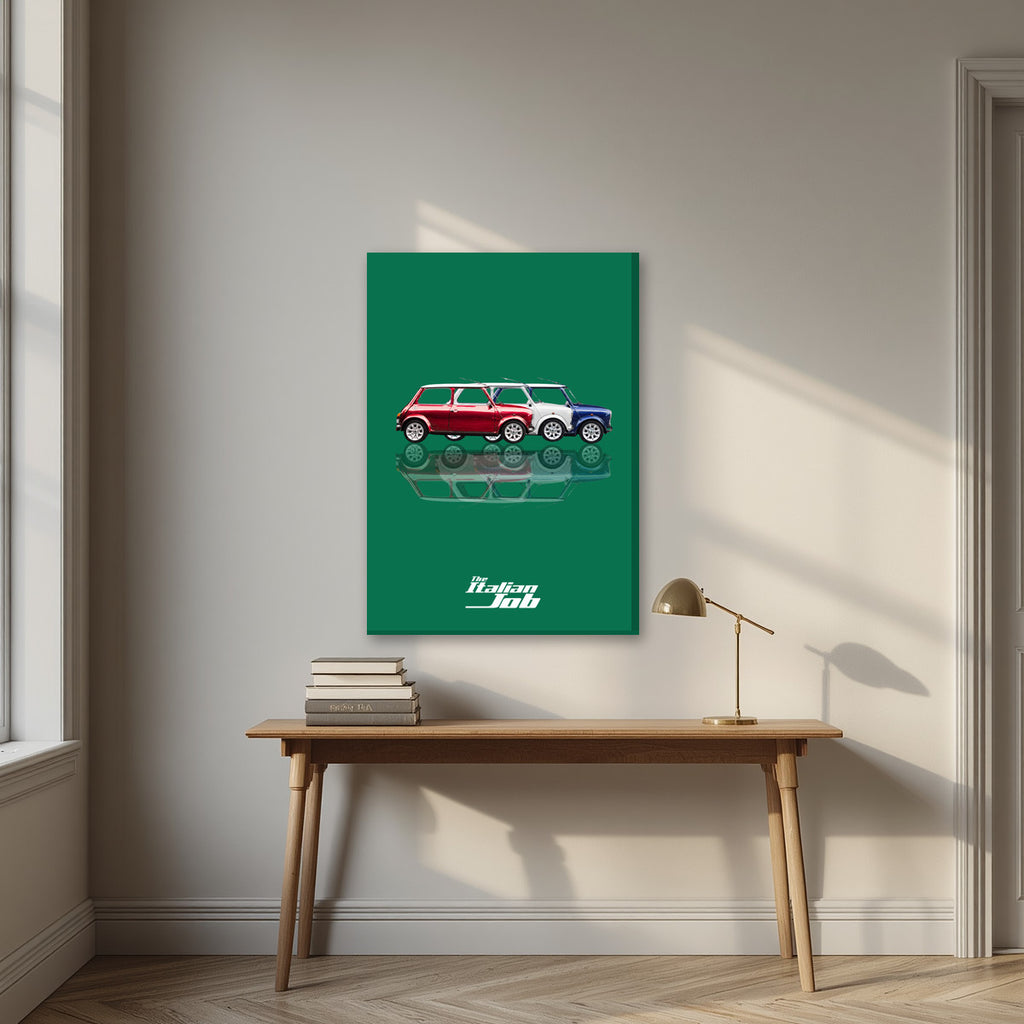 The Italian Job – Alpine Green art print, on slim canvas, styled in a desk