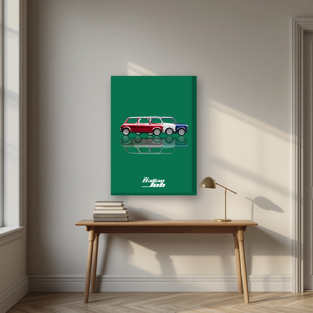 The Italian Job – Alpine Green art print, on thick canvas, styled in a desk