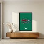 The Italian Job – Alpine Green art print, in a black frame, styled in a living room