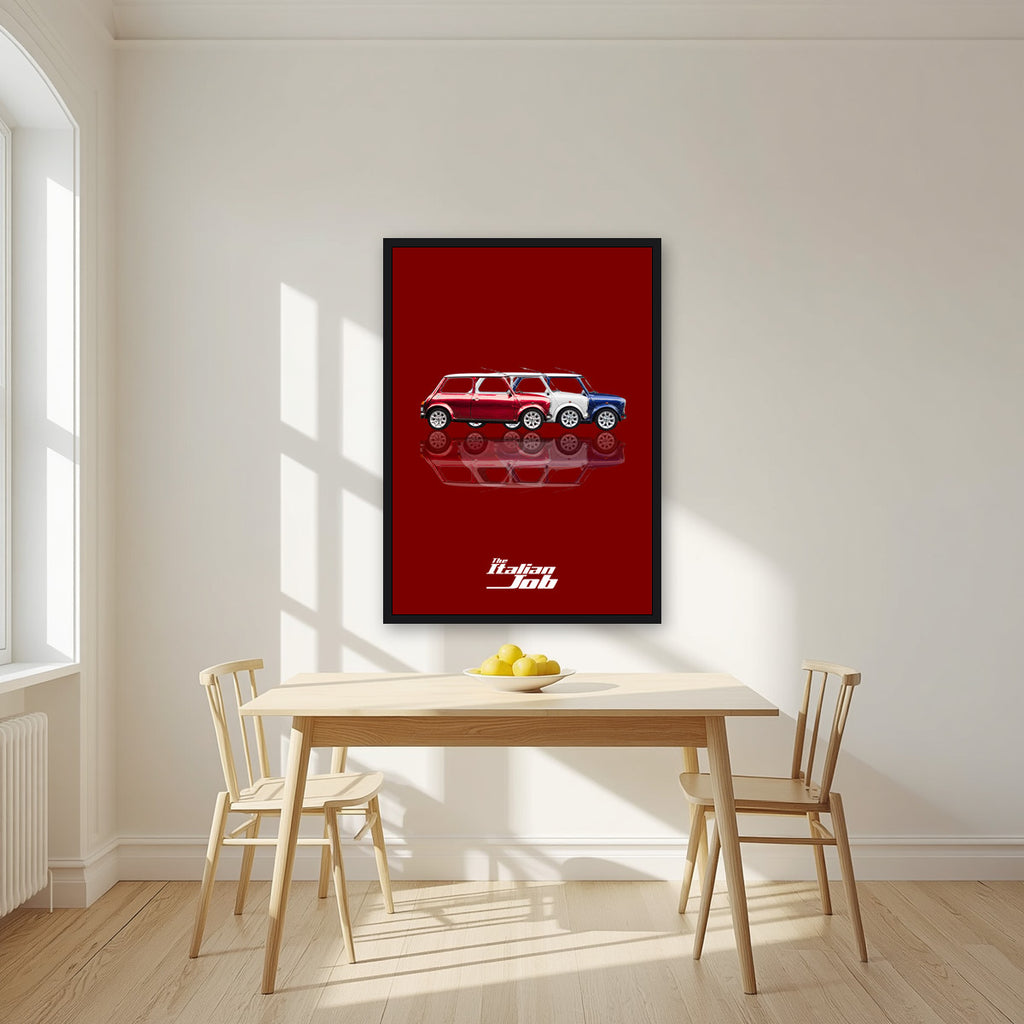 The Italian Job – Crimson Red art print, in a black frame, styled in a kitchen
