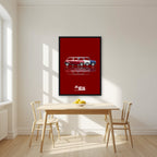 The Italian Job – Crimson Red art print, in a black frame, styled in a kitchen
