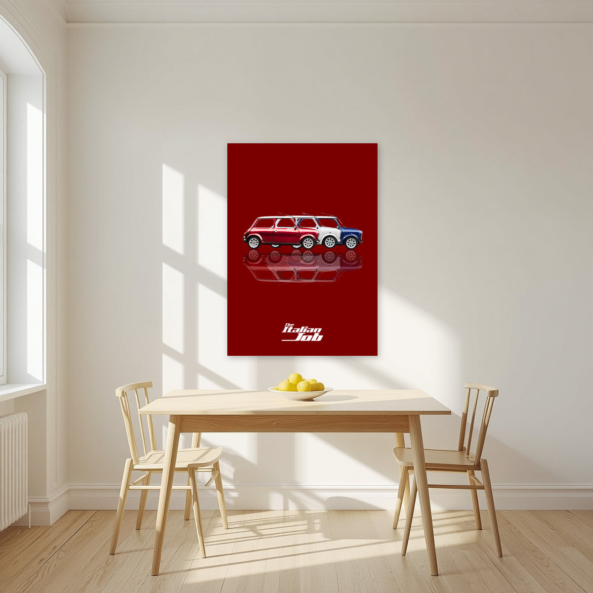 The Italian Job – Crimson Red art print, unframed poster, styled in a kitchen