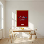 The Italian Job – Crimson Red art print, in an oak frame, styled in a kitchen