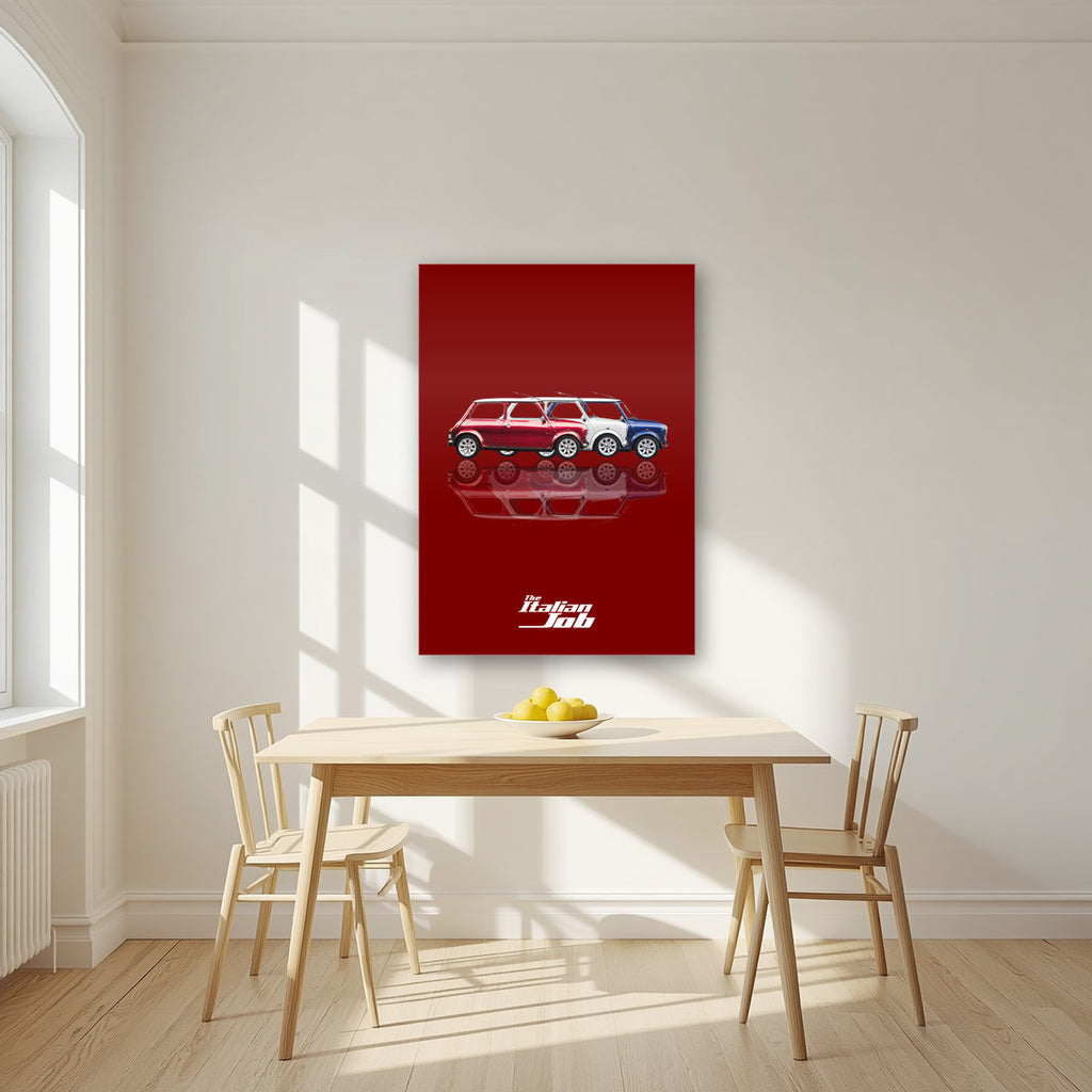 The Italian Job – Crimson Red art print, as an acrylic print, styled in a kitchen