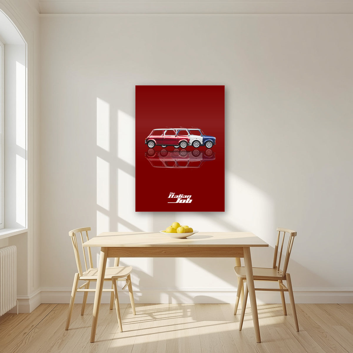 The Italian Job – Crimson Red art print, as an acrylic print, styled in a kitchen