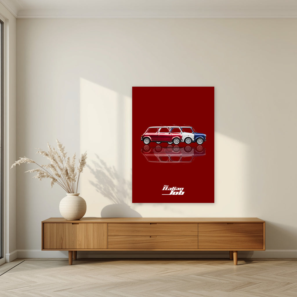 The Italian Job – Crimson Red art print, unframed poster, styled in a living room