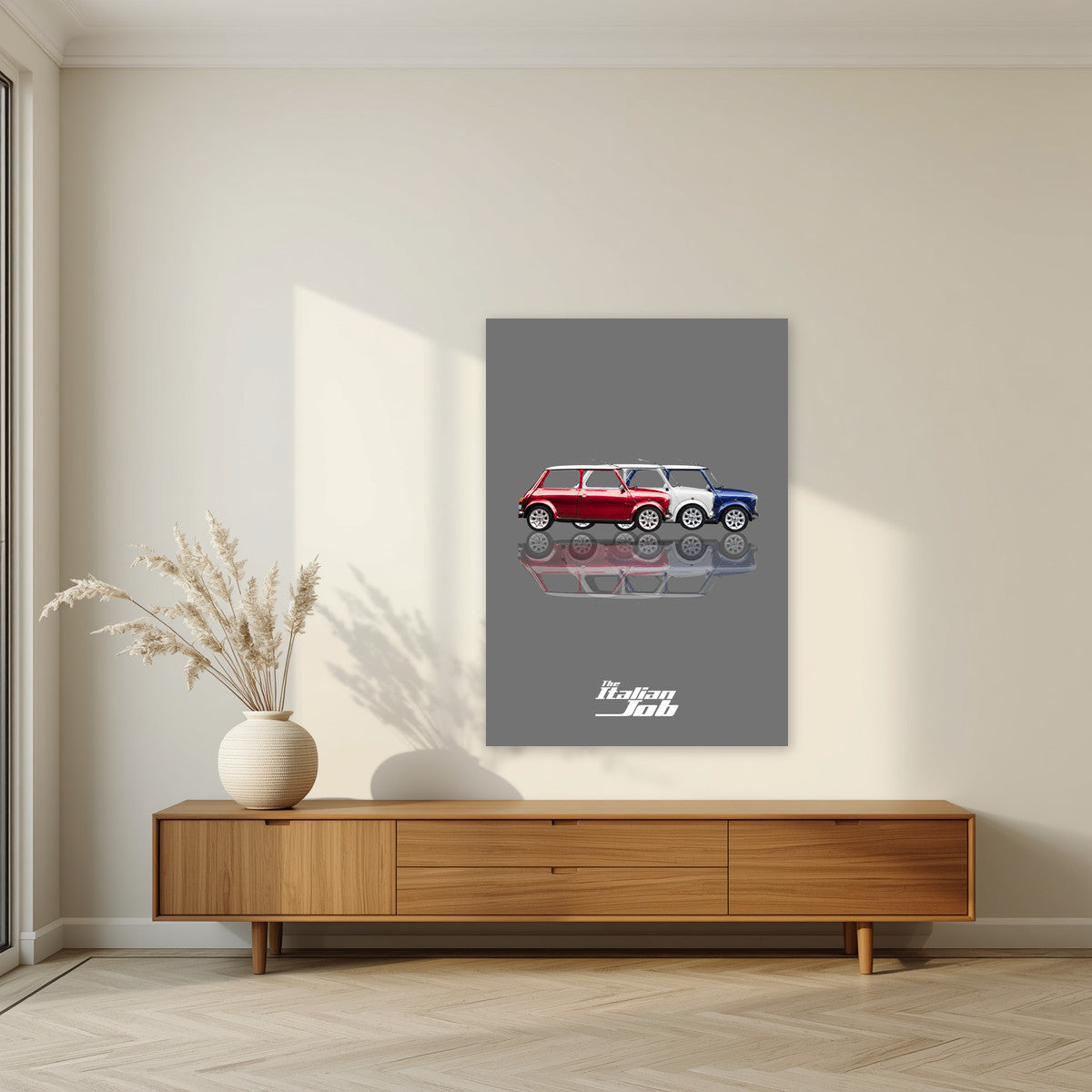 The Italian Job – Getaway Grey art print, unframed poster, styled in a living room