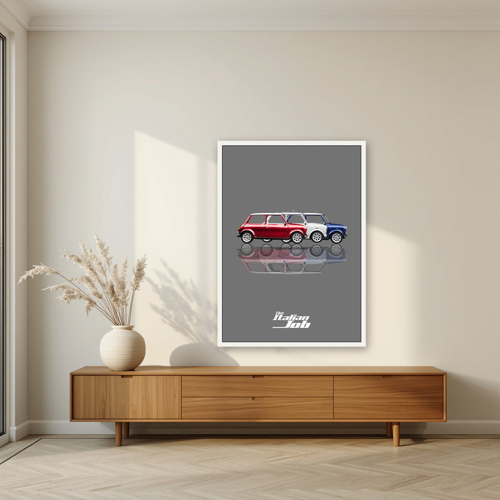 The Italian Job – Getaway Grey art print, in a white frame, styled in a living room