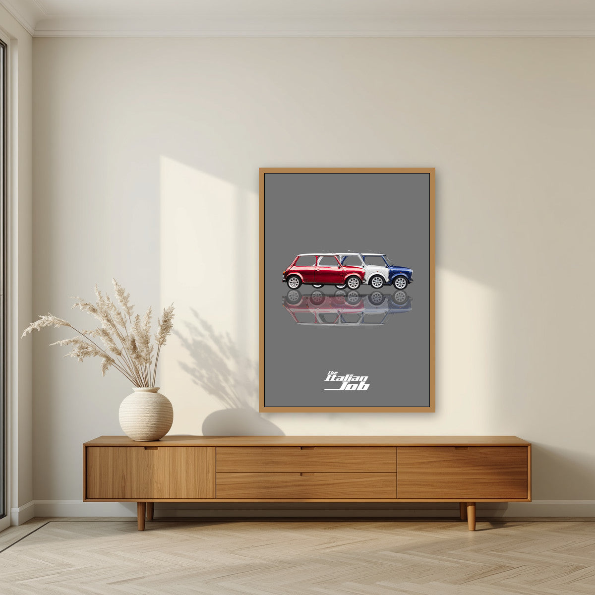 The Italian Job – Getaway Grey art print, in an oak frame, styled in a living room