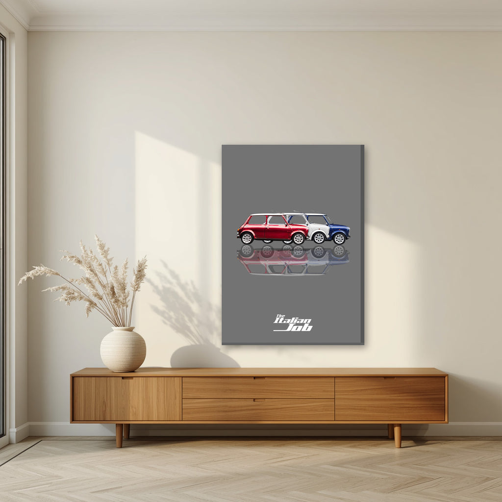 The Italian Job – Getaway Grey art print, on slim canvas, styled in a living room