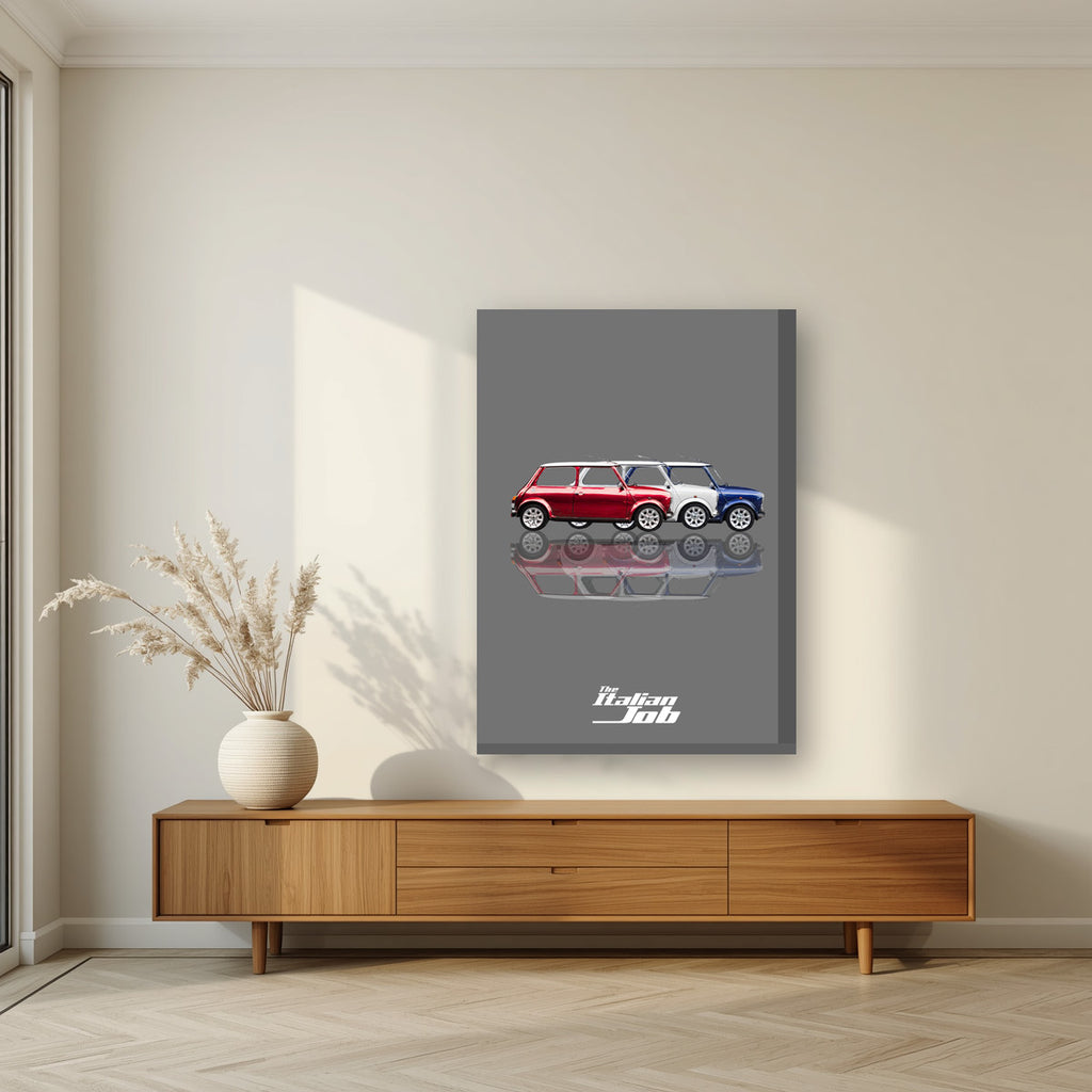 The Italian Job – Getaway Grey art print, on thick canvas, styled in a living room