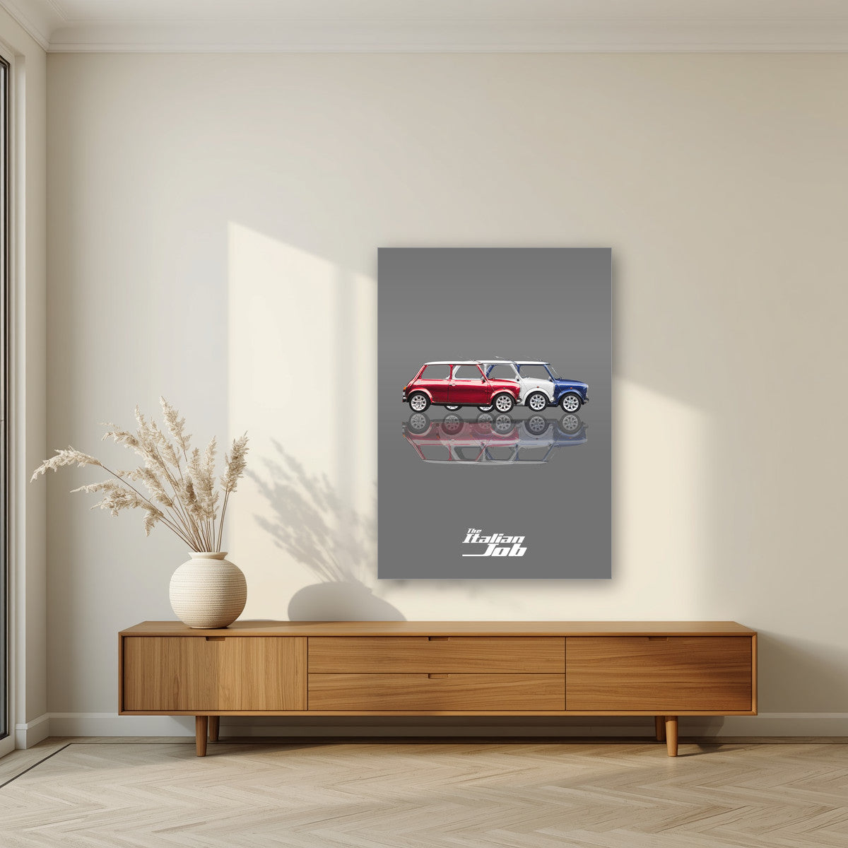 The Italian Job – Getaway Grey art print, as an acrylic print, styled in a living room