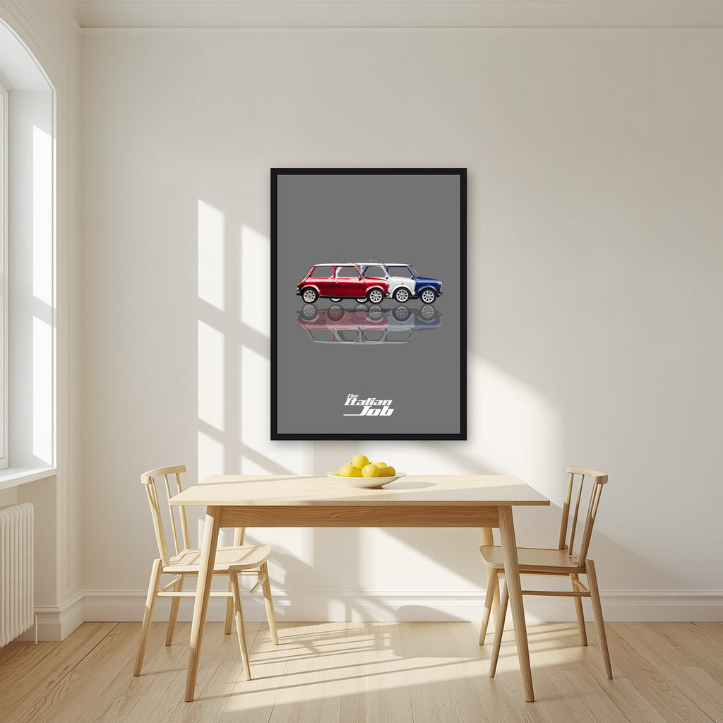 The Italian Job – Getaway Grey art print, in a black frame, styled in a kitchen