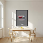 The Italian Job – Getaway Grey art print, in a black frame, styled in a kitchen