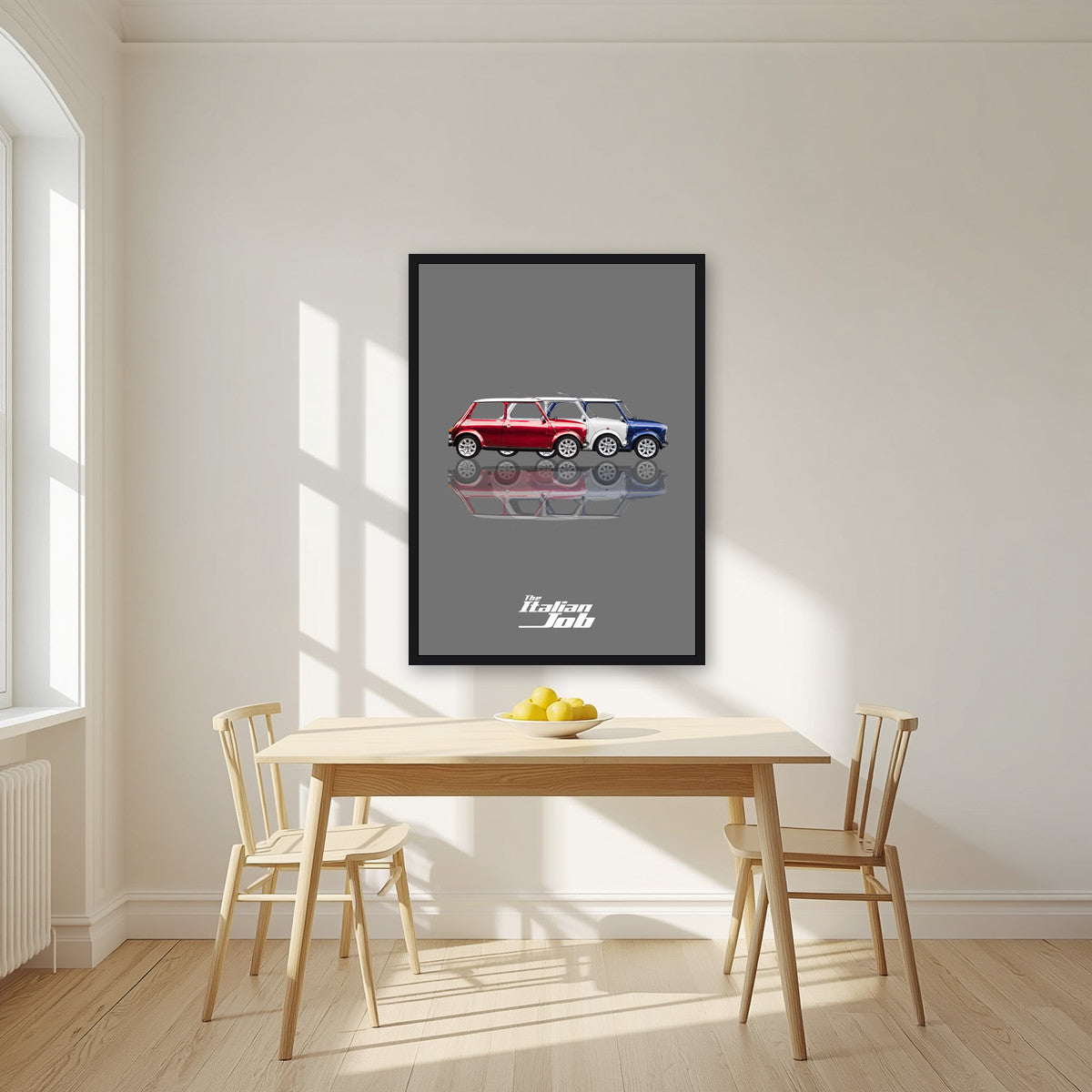 The Italian Job – Getaway Grey art print, in a black frame, styled in a kitchen