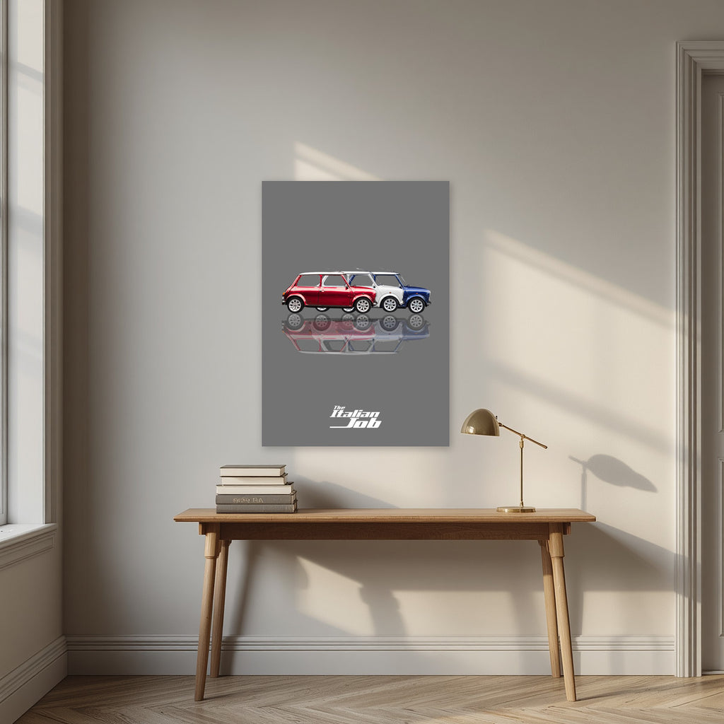 The Italian Job – Getaway Grey art print, unframed poster, styled in a desk