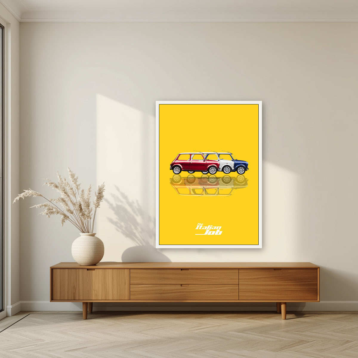 The Italian Job – Gold Bullion art print, in a white frame, styled in a living room