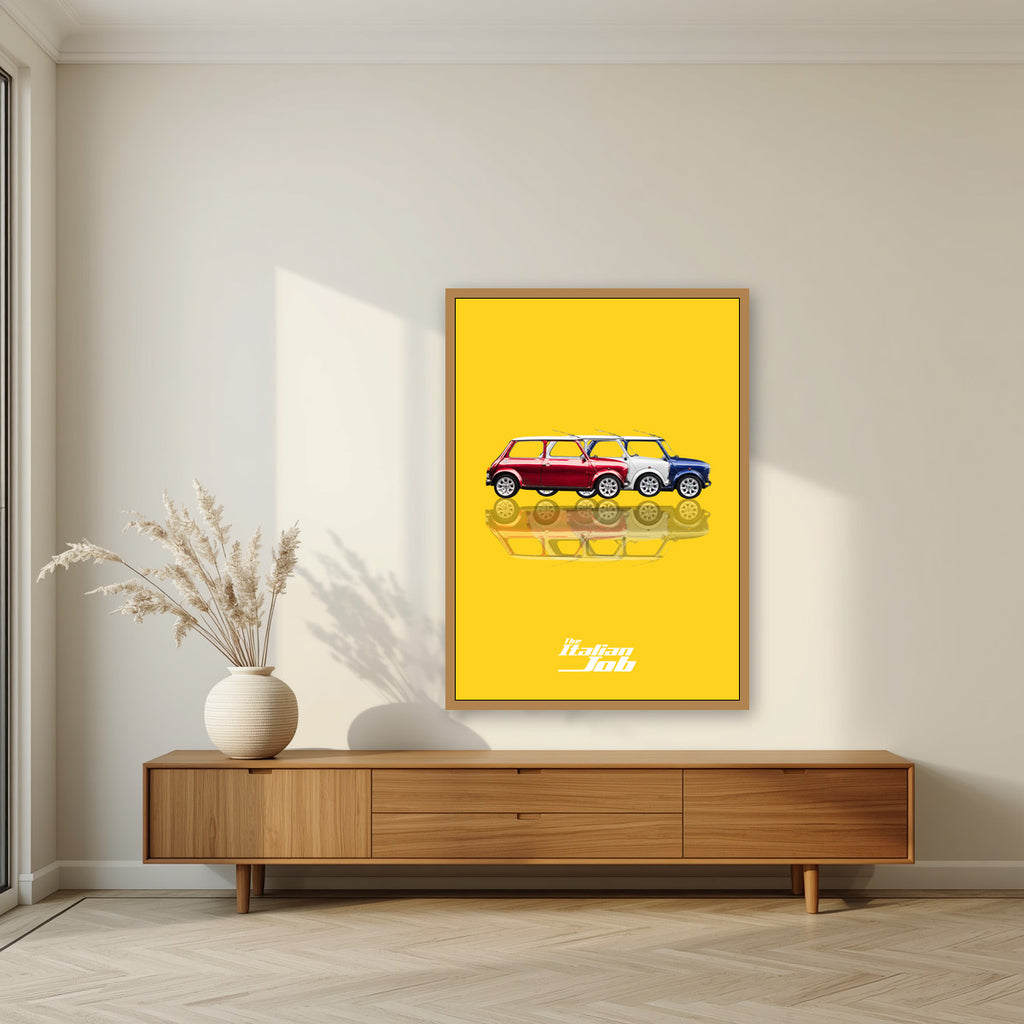 The Italian Job – Gold Bullion art print, in an oak frame, styled in a living room