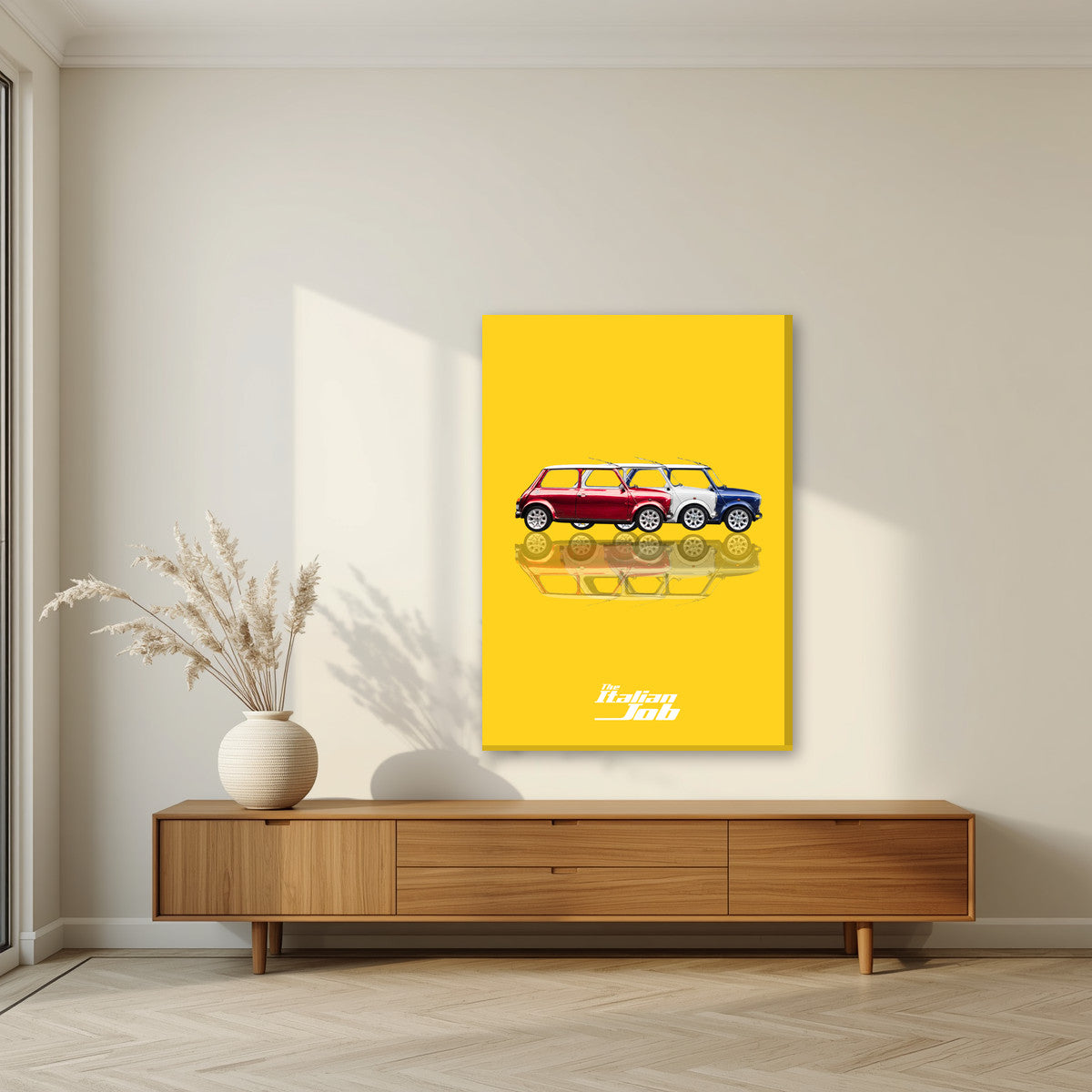 The Italian Job – Gold Bullion art print, on slim canvas, styled in a living room