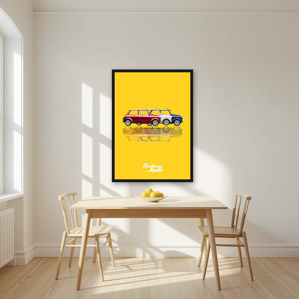 The Italian Job – Gold Bullion art print, in a black frame, styled in a kitchen