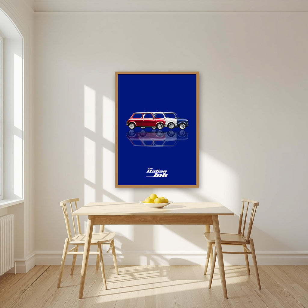 The Italian Job – Turin Blue art print, in an oak frame, styled in a kitchen