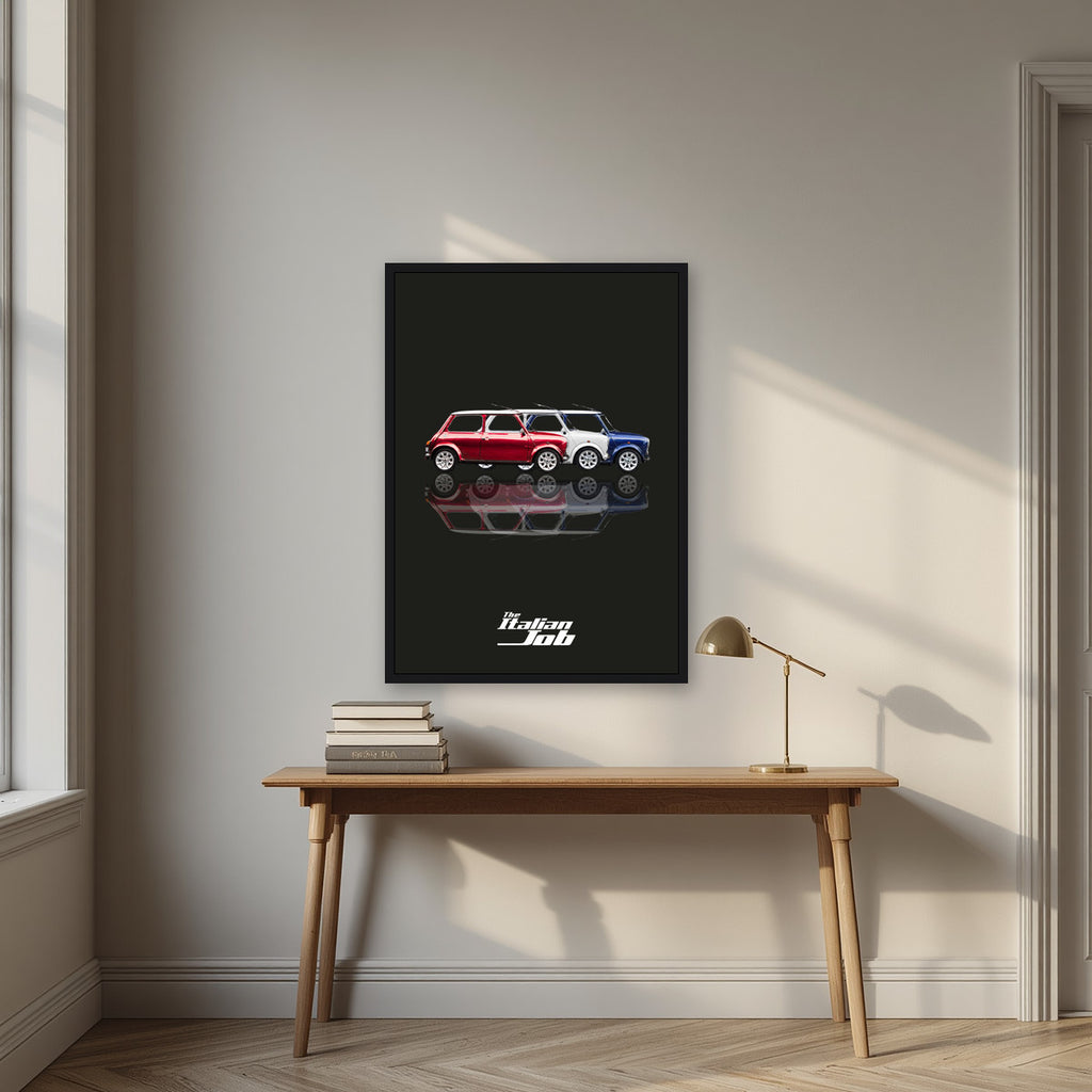 The Italian Job – Union Black art print, in a black frame, styled in a desk