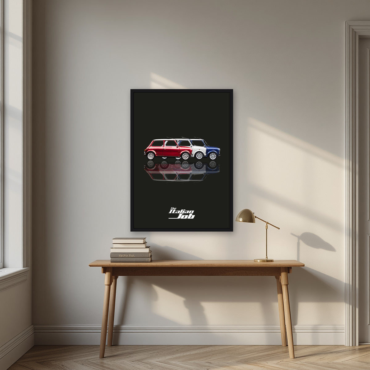 The Italian Job – Union Black art print, in a black frame, styled in a desk