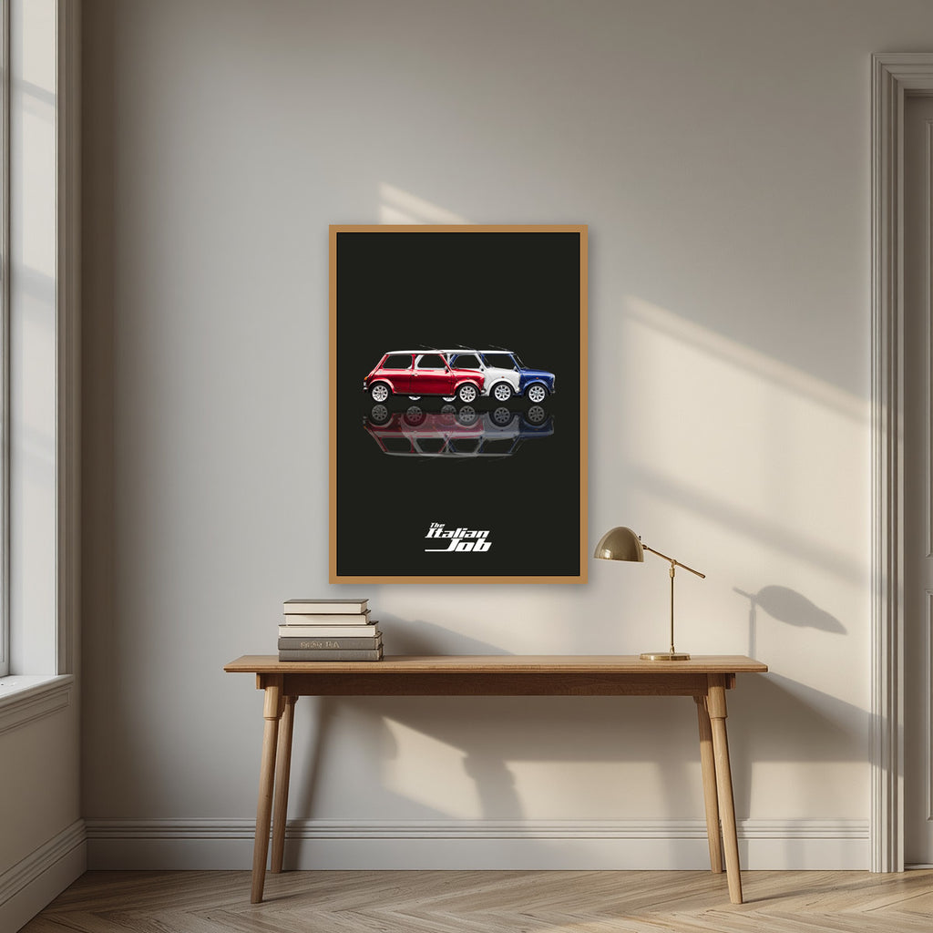 The Italian Job – Union Black art print, in an oak frame, styled in a desk