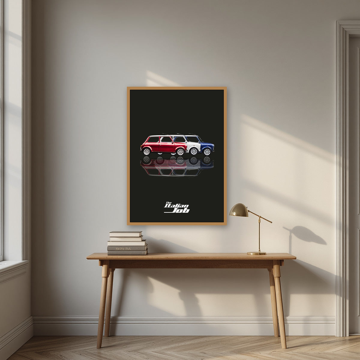 The Italian Job – Union Black art print, in an oak frame, styled in a desk