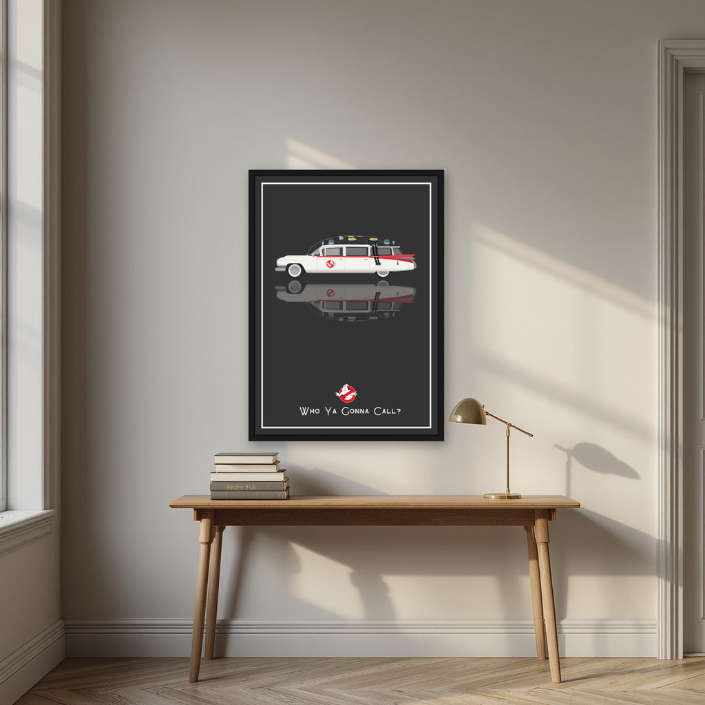 Who Ya Gonna Call? – Charcoal art print, in a black frame, styled in a desk
