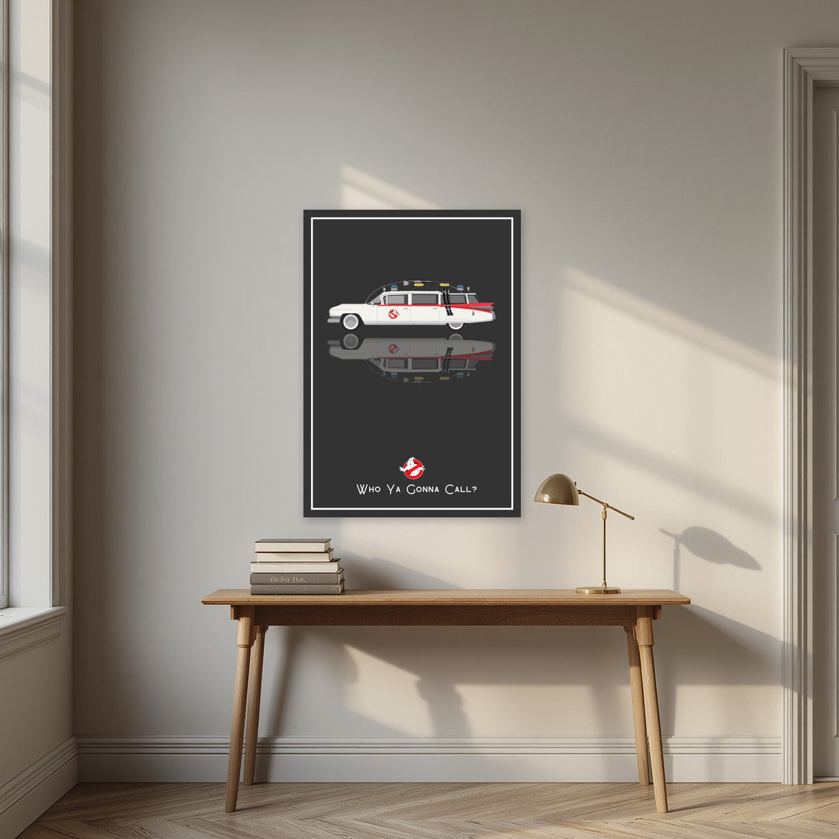 Who Ya Gonna Call? – Charcoal art print, unframed poster, styled in a desk