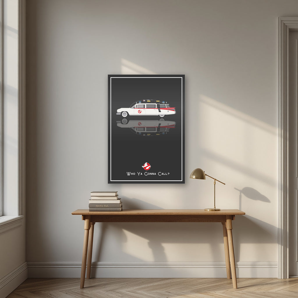 Who Ya Gonna Call? – Charcoal art print, as an acrylic print, styled in a desk
