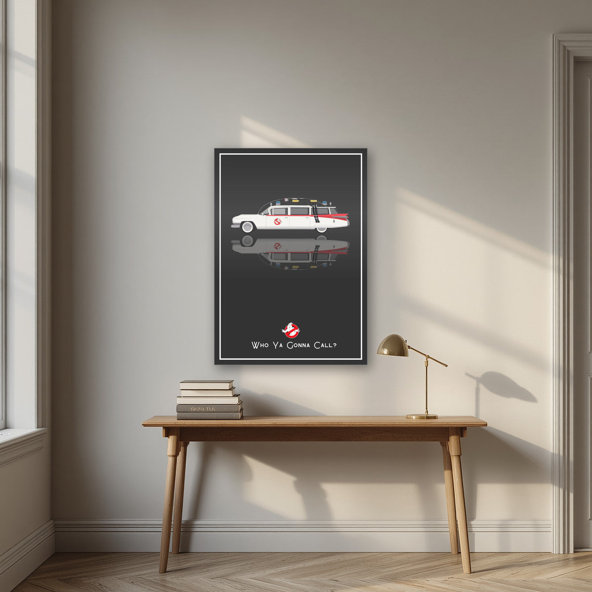 Who Ya Gonna Call? – Charcoal art print, as an acrylic print, styled in a desk