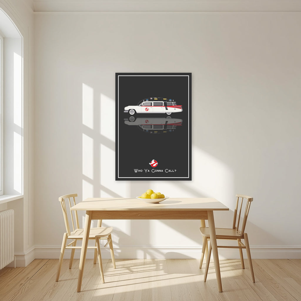 Who Ya Gonna Call? – Charcoal art print, unframed poster, styled in a kitchen