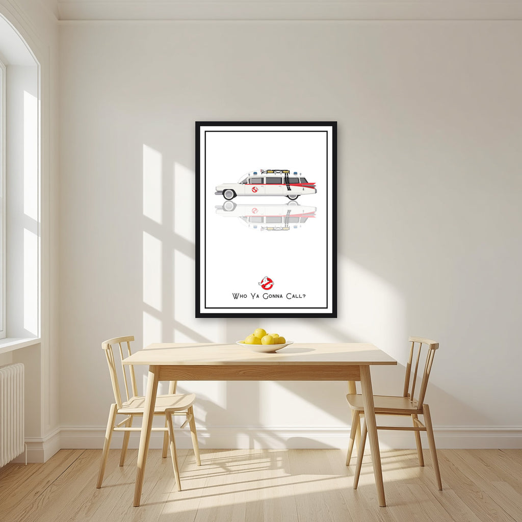 Who Ya Gonna Call? – Marshmallow White art print, in a black frame, styled in a kitchen