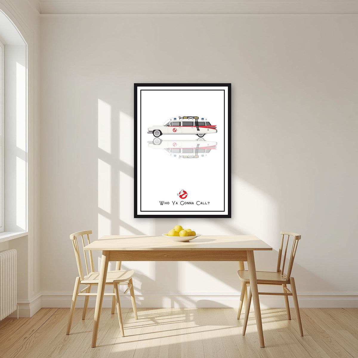 Who Ya Gonna Call? – Marshmallow White art print, in a black frame, styled in a kitchen