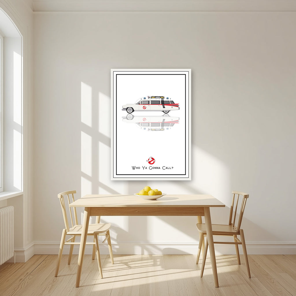 Who Ya Gonna Call? – Marshmallow White art print, in a white frame, styled in a kitchen
