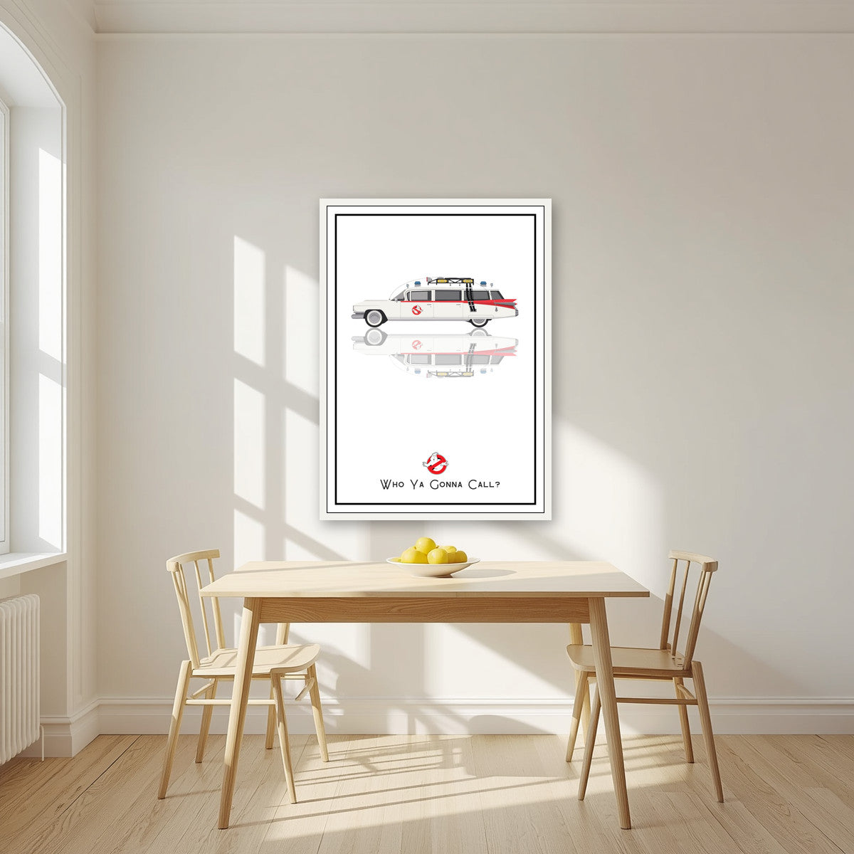 Who Ya Gonna Call? – Marshmallow White art print, in a white frame, styled in a kitchen