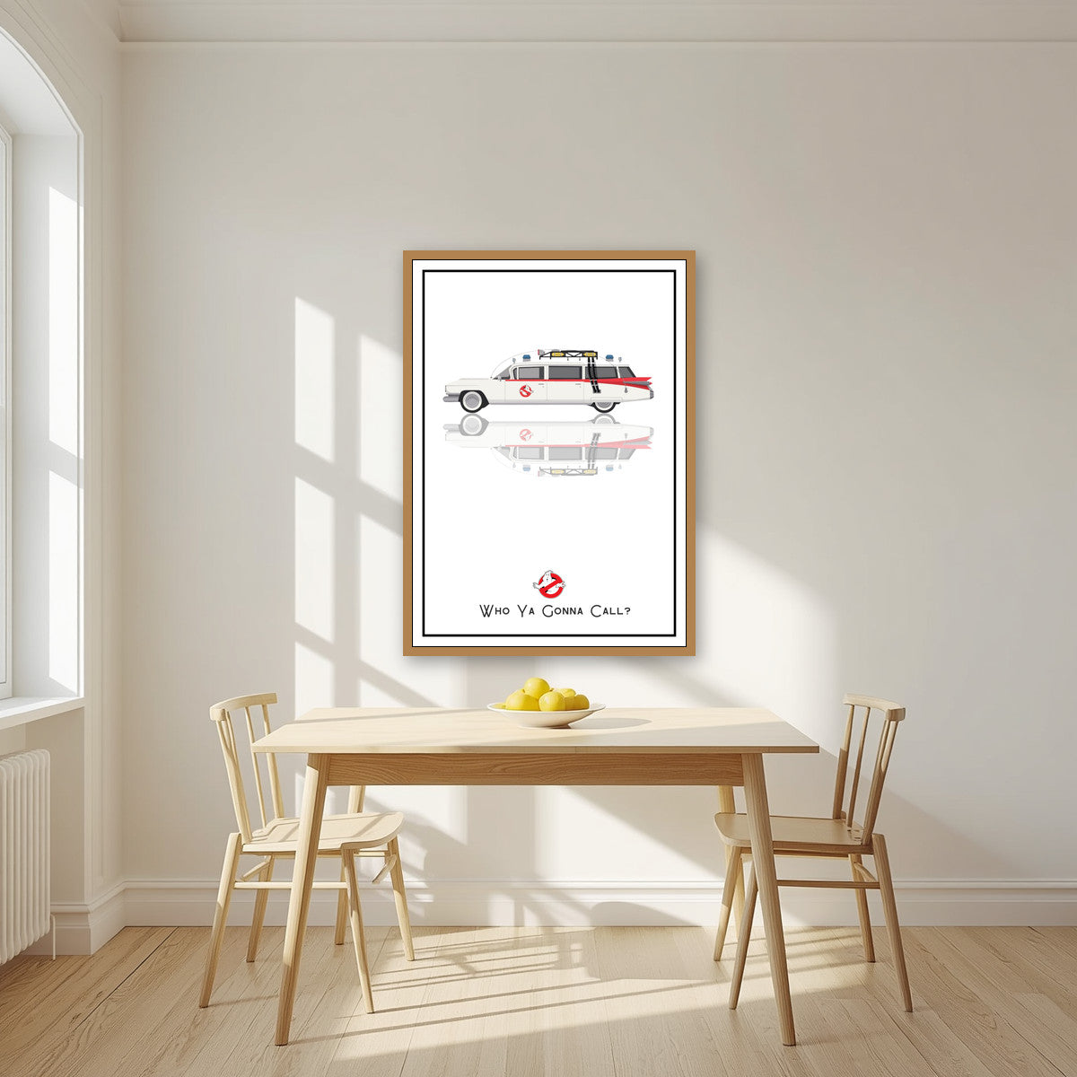 Who Ya Gonna Call? – Marshmallow White art print, in an oak frame, styled in a kitchen
