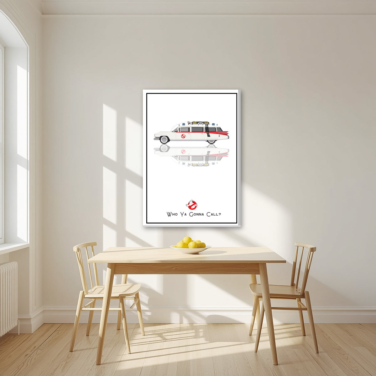 Who Ya Gonna Call? – Marshmallow White art print, on slim canvas, styled in a kitchen