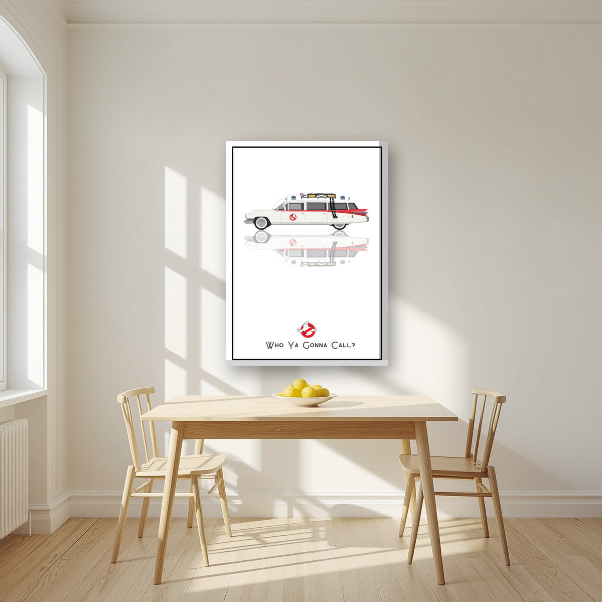 Who Ya Gonna Call? – Marshmallow White art print, on thick canvas, styled in a kitchen