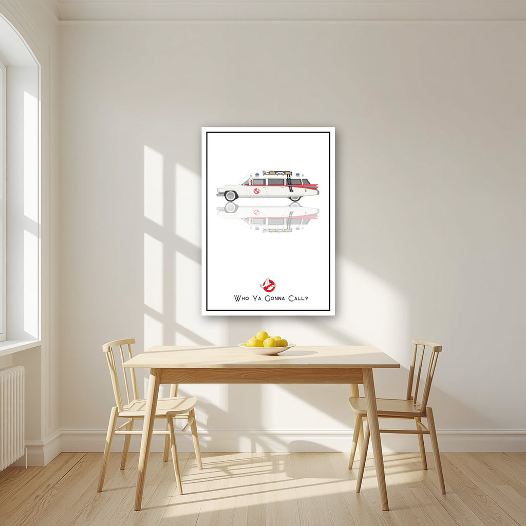 Who Ya Gonna Call? – Marshmallow White art print, as an acrylic print, styled in a kitchen