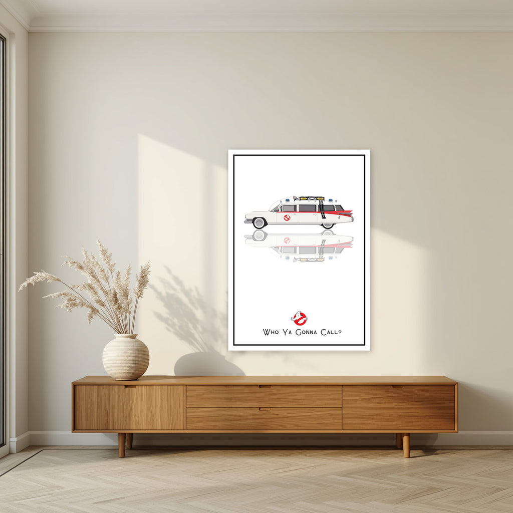 Who Ya Gonna Call? – Marshmallow White art print, unframed poster, styled in a living room