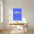Who Ya Gonna Call? – Proton Blue art print, in a white frame, styled in a kitchen