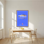 Who Ya Gonna Call? – Proton Blue art print, in an oak frame, styled in a kitchen
