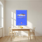 Who Ya Gonna Call? – Proton Blue art print, on slim canvas, styled in a kitchen