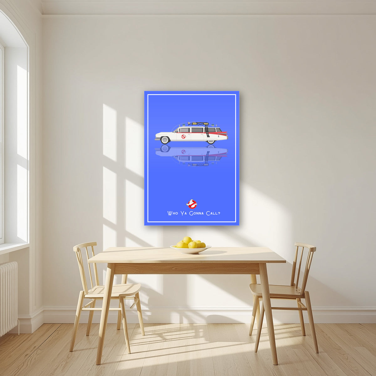 Who Ya Gonna Call? – Proton Blue art print, as an acrylic print, styled in a kitchen