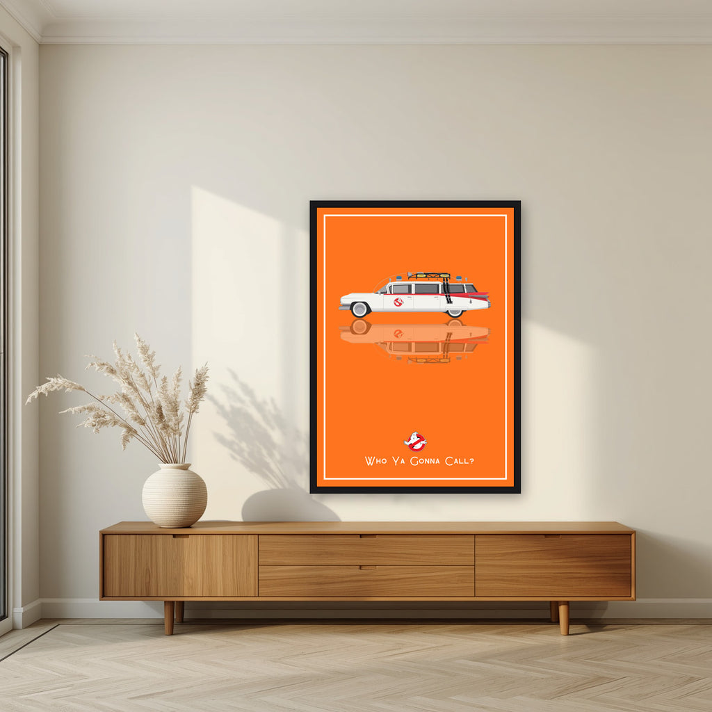 Who Ya Gonna Call? – Siren Orange art print, in a black frame, styled in a living room